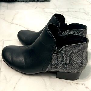 Snake and black leather bootie